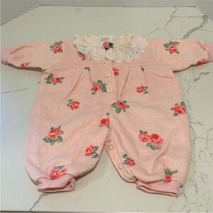 Vintage 1992 Little Bitty one piece romper pink roses lace collar girl 3-6 month